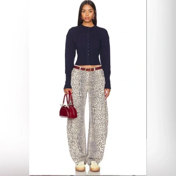 Lioness denim barrel jeans Medium Barrel Leg Leopard Print Pants Cream/Gray EUC - Picture 1 of 10